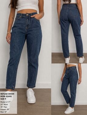 refuge High-Rise Mom Jeans in Dark Blue Denim